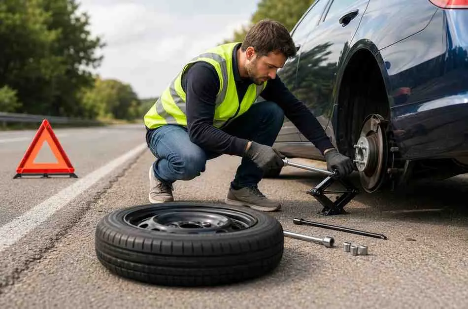 How to Change a Flat Tyre safely using a spare wheel, car jack, and wheel brace during a roadside tyre change