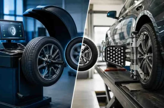 Wheel Balancing vs Wheel Alignment equipment shown side by side in an automotive workshop, illustrating the difference between wheel balancing and wheel alignment services.